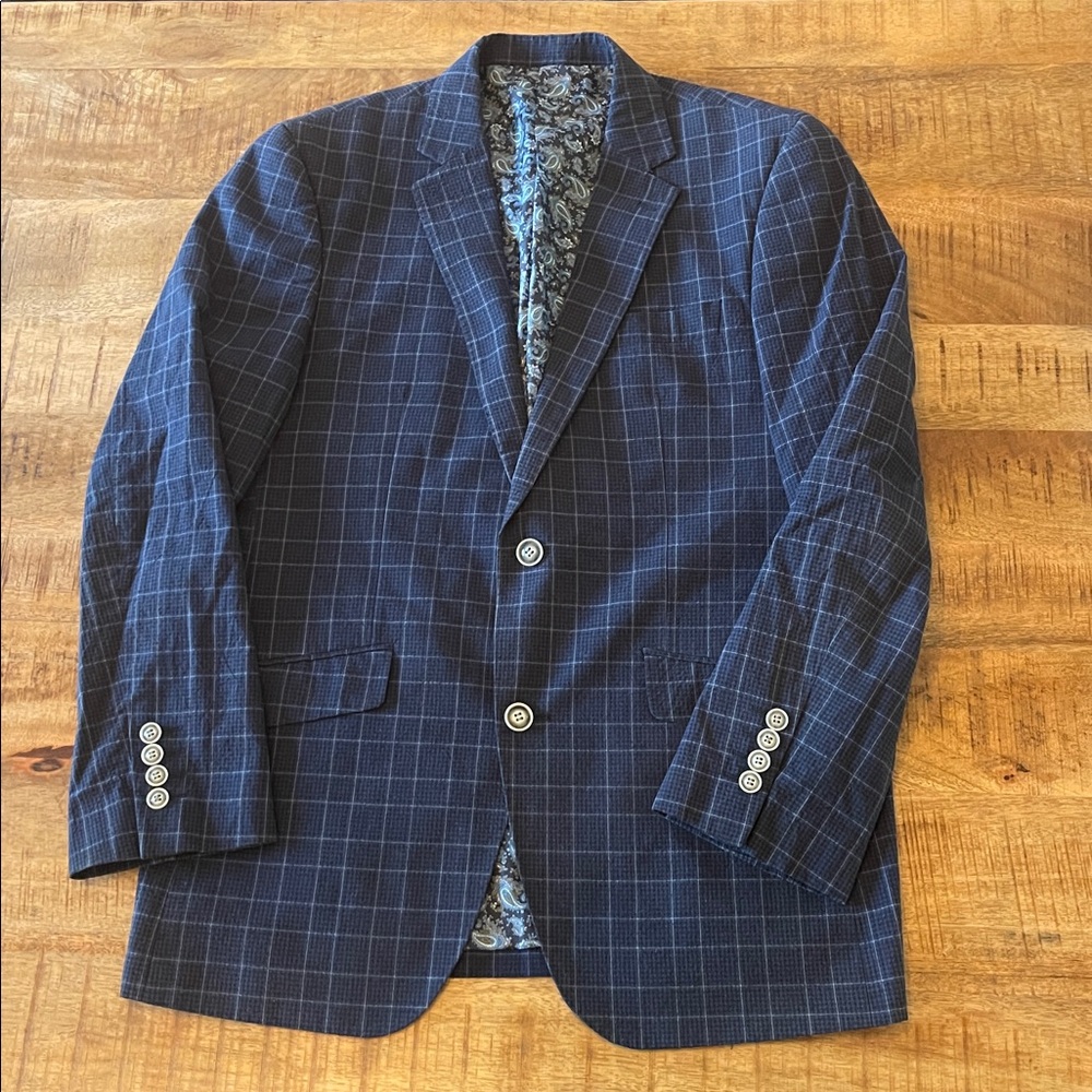 James Tattersall Navy Blue Plaid Cotton Blend Blazer 40S